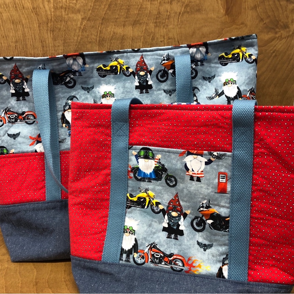 LG Motorcycle Icon Gnome Tote Bag Pockets Handmade Cotton Canvas Reusable Gift